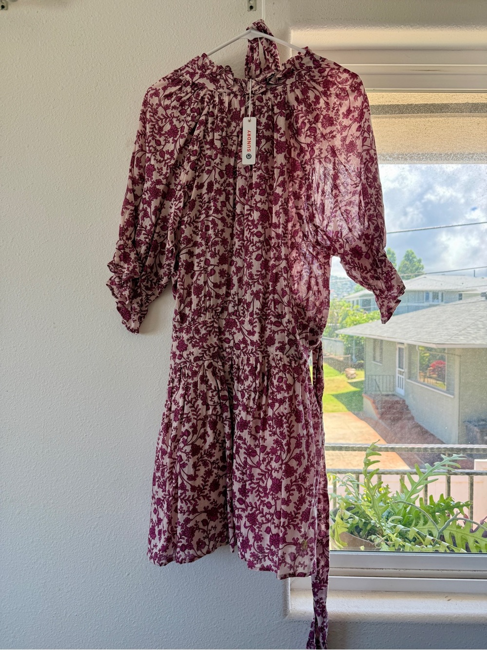 Sundry Burgundy Floral Tie-Neck Mini Dress new with tags